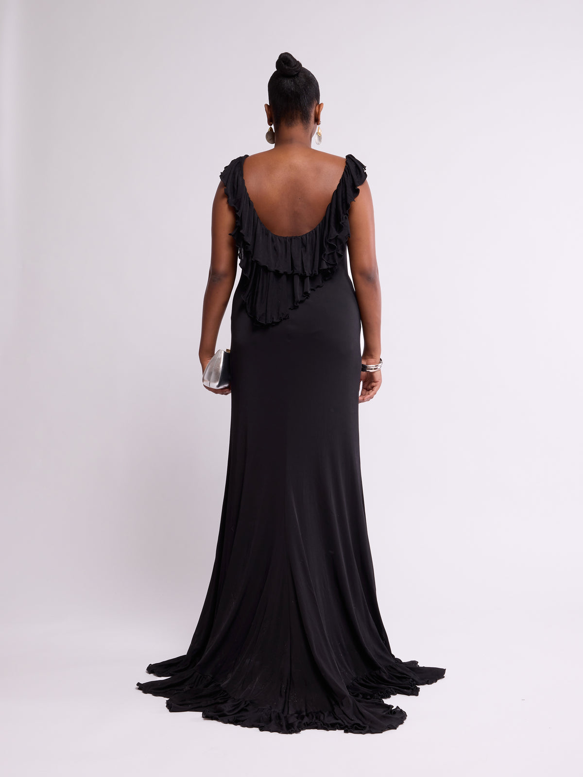 Vera Wang 2000s Black Draped Ruffle Maxi Gown