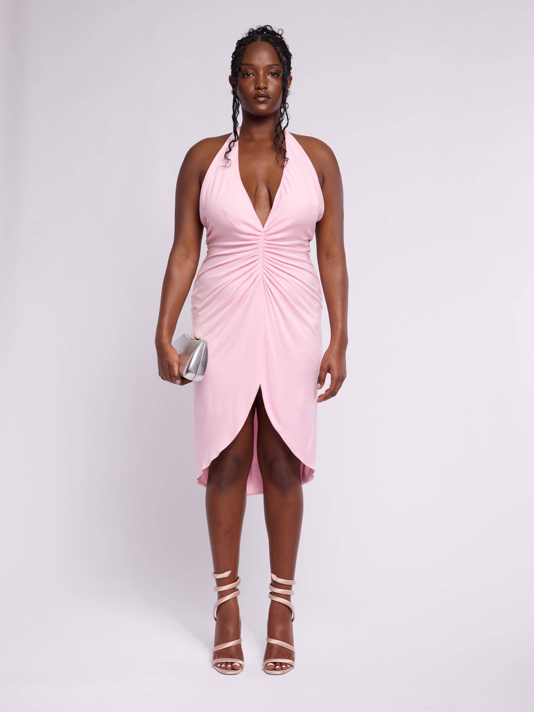 Versace SS 2005 Pink Halter Ruched Midi Dress