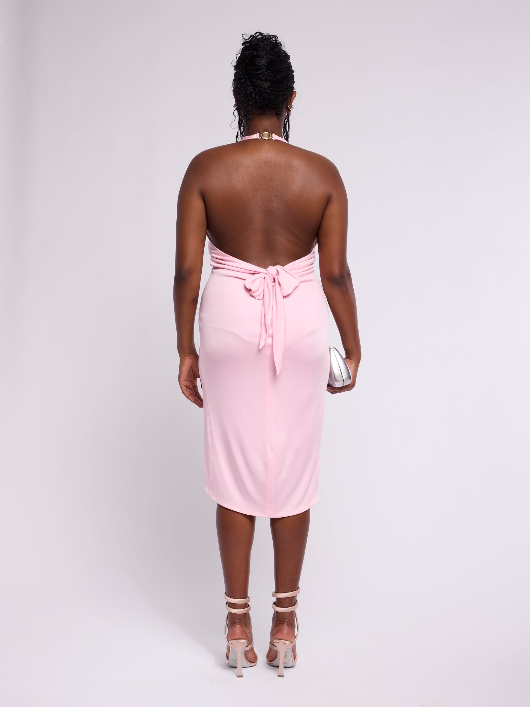 Versace SS 2005 Pink Halter Ruched Midi Dress