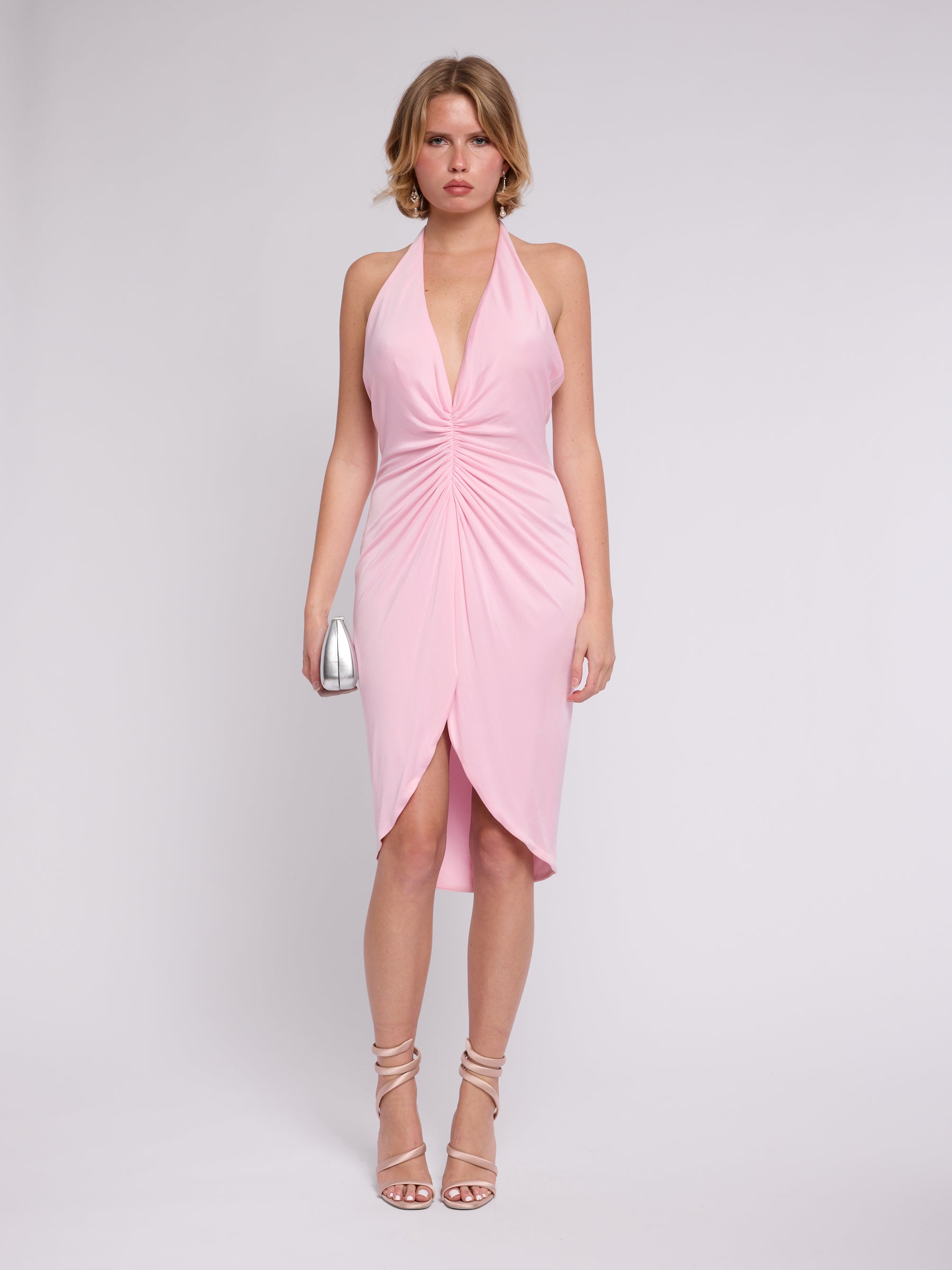 Versace SS 2005 Pink Halter Ruched Midi Dress