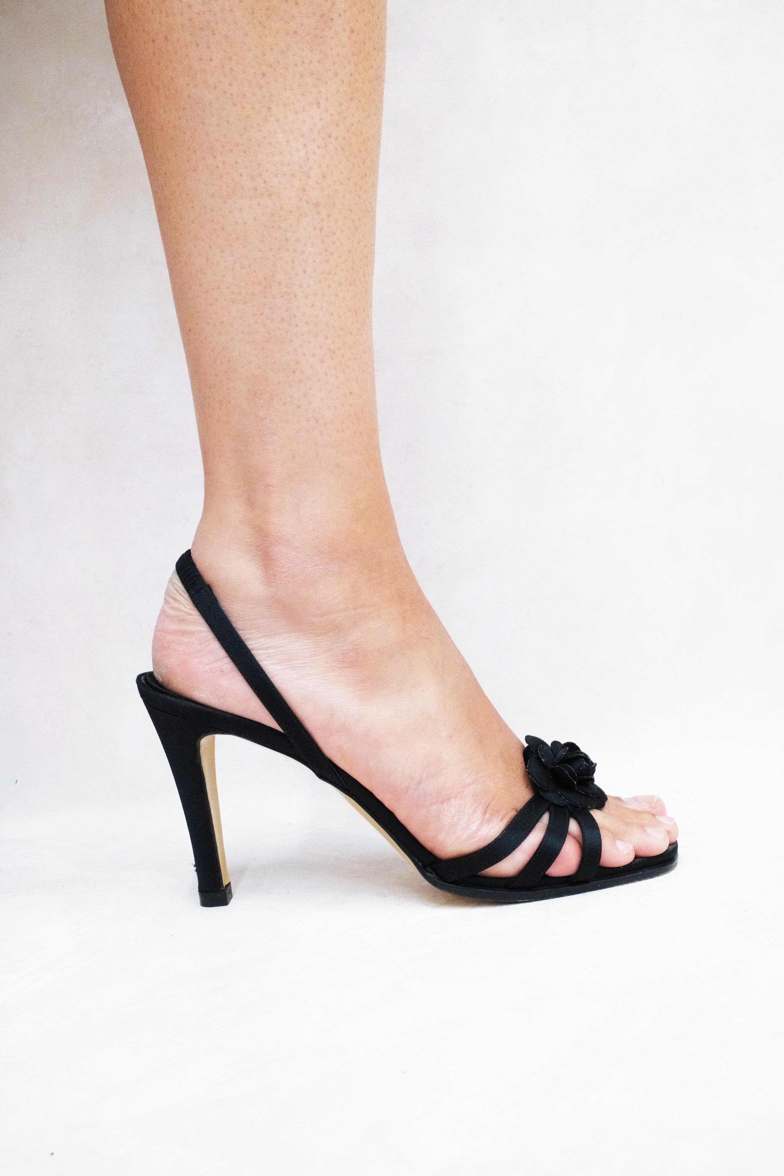 chanel 2000s black camellia slingbacks