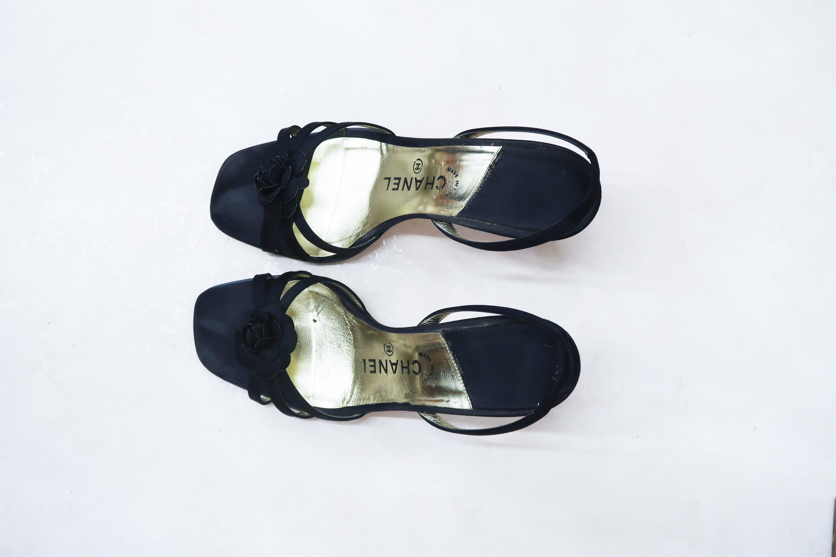 chanel 2000s black camellia slingbacks