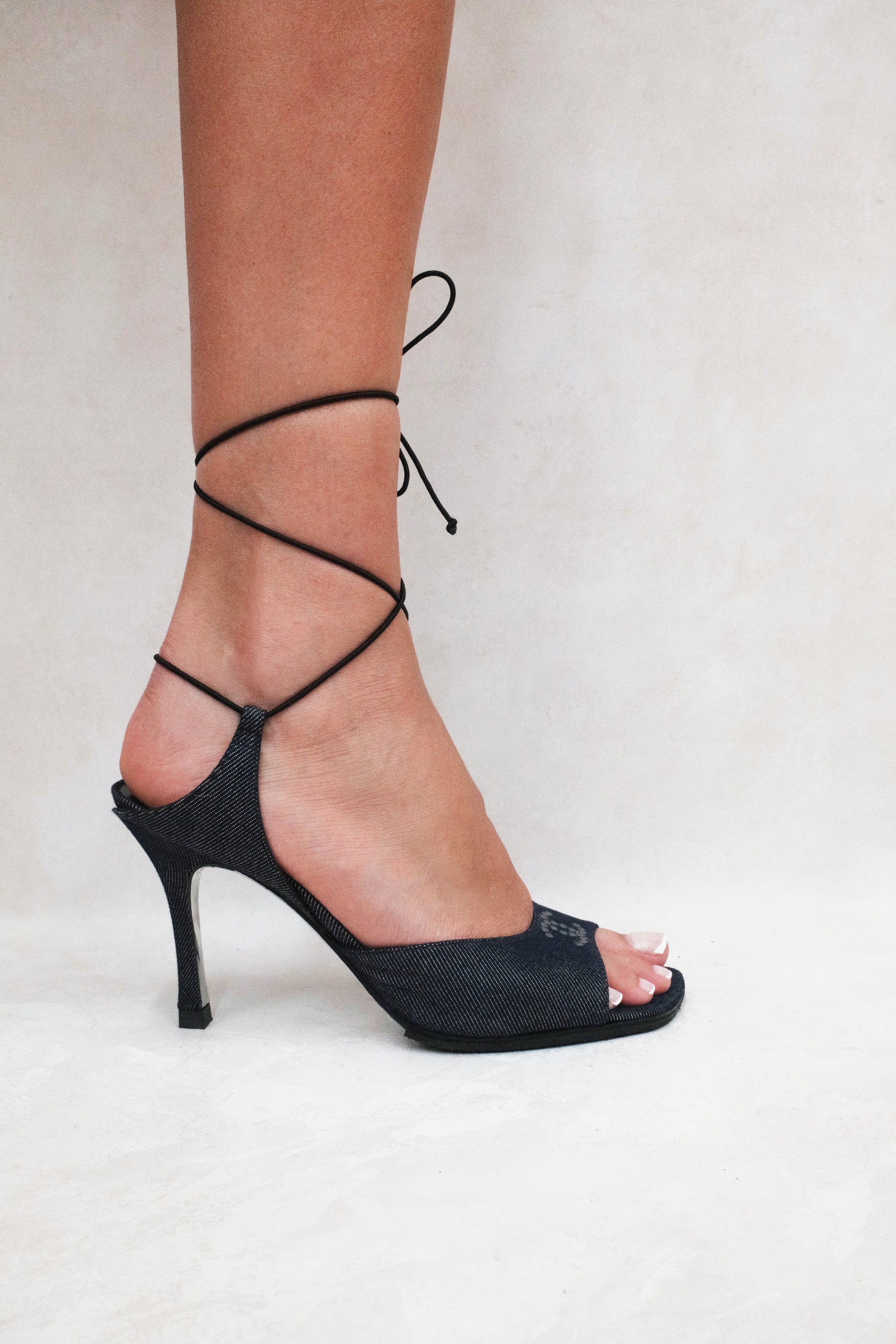 chanel 200s denim wrap around heels