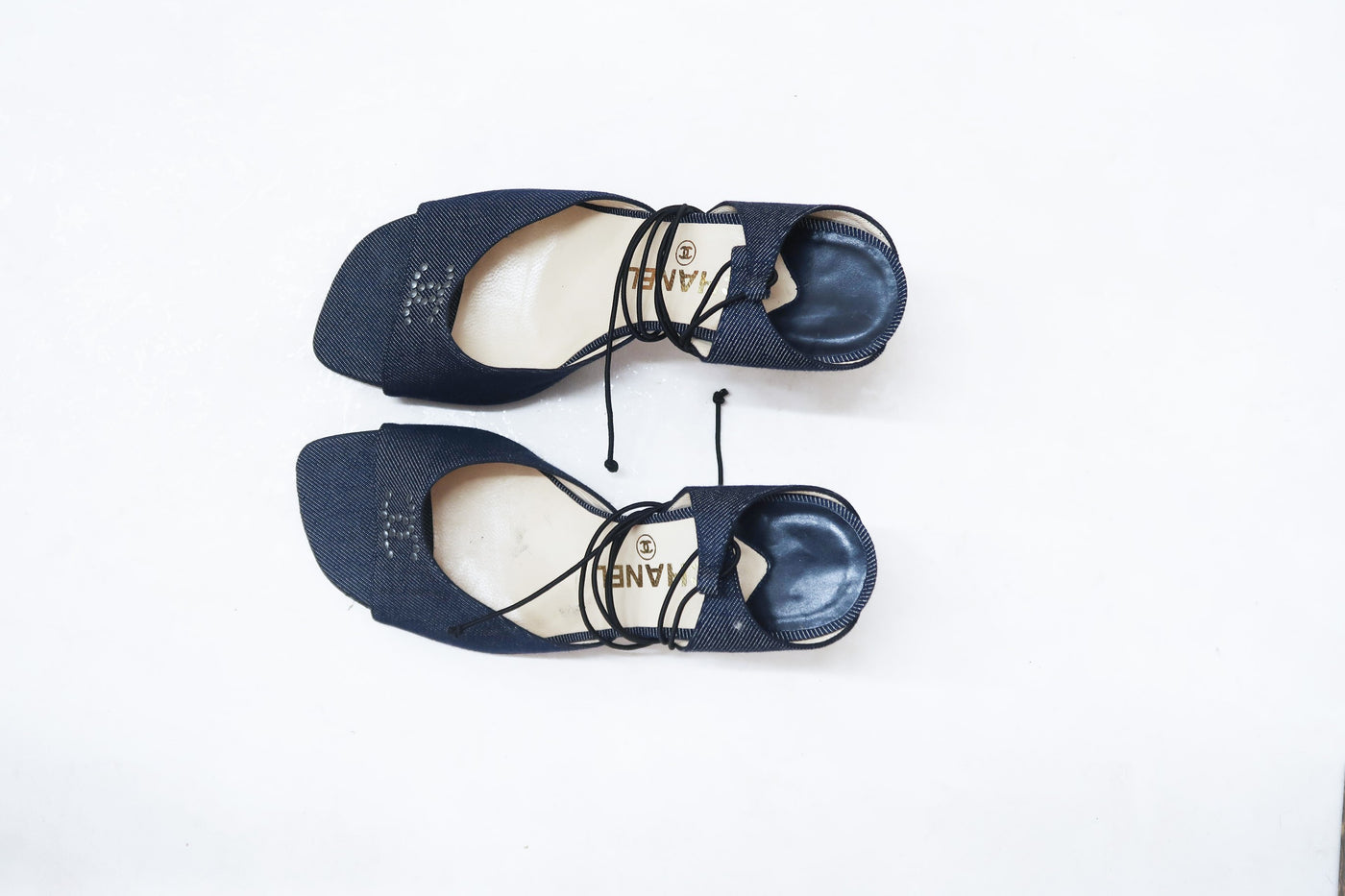 chanel 200s denim wrap around heels