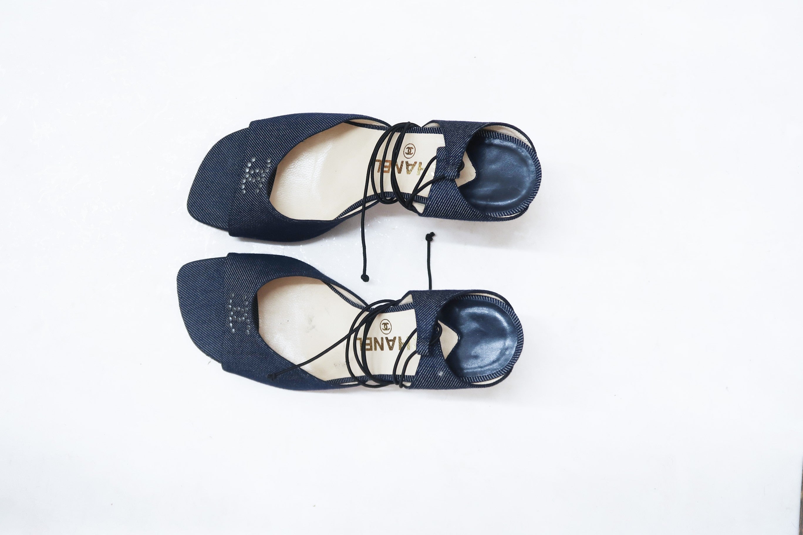 chanel 200s denim wrap around heels