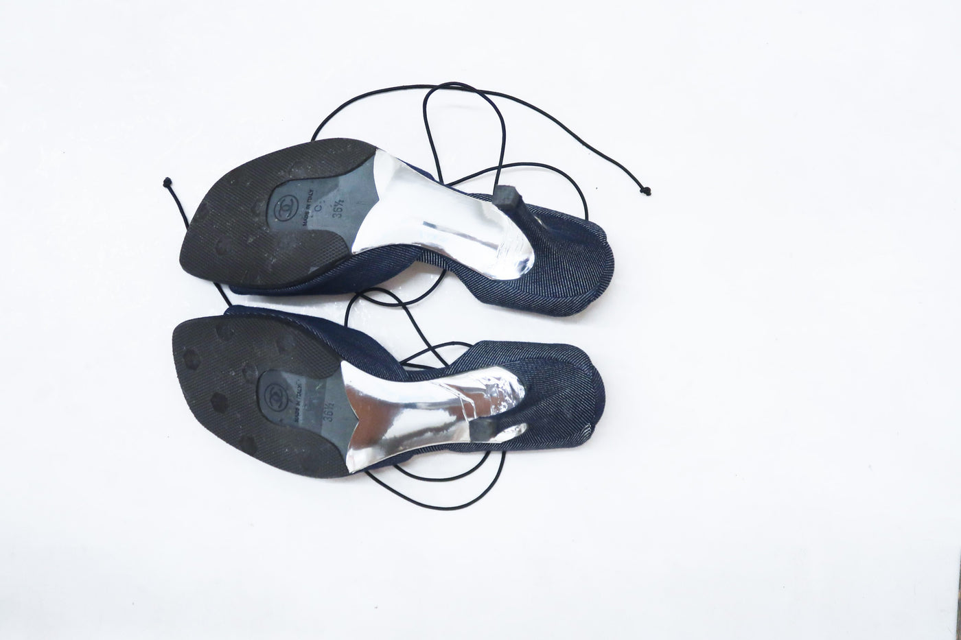 chanel 200s denim wrap around heels