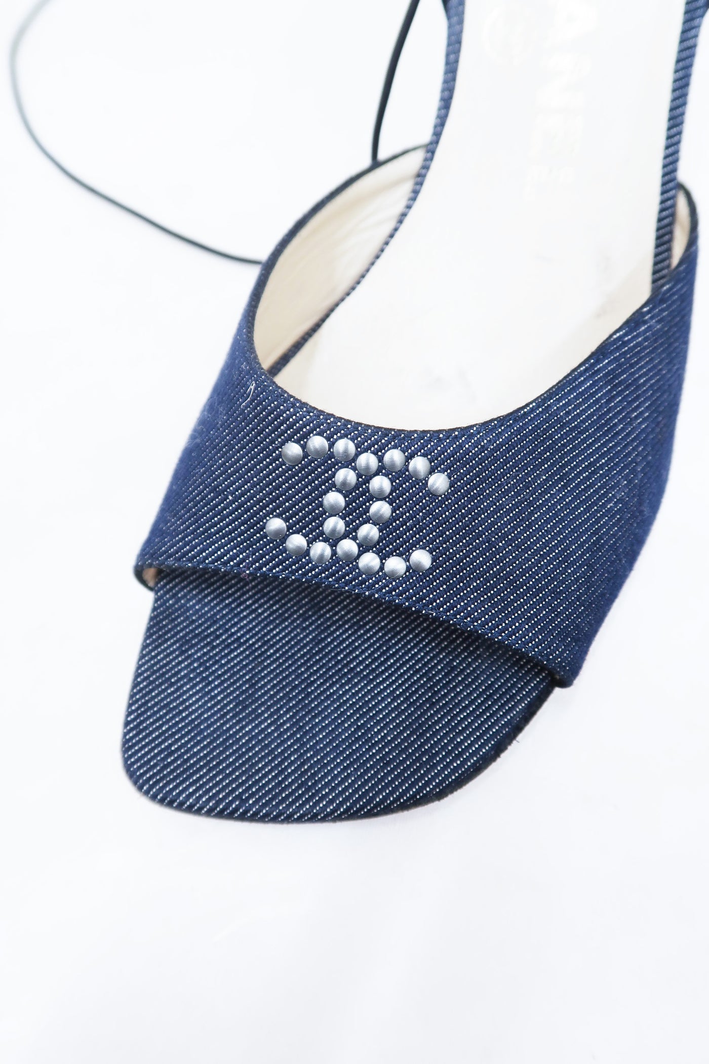 chanel 200s denim wrap around heels