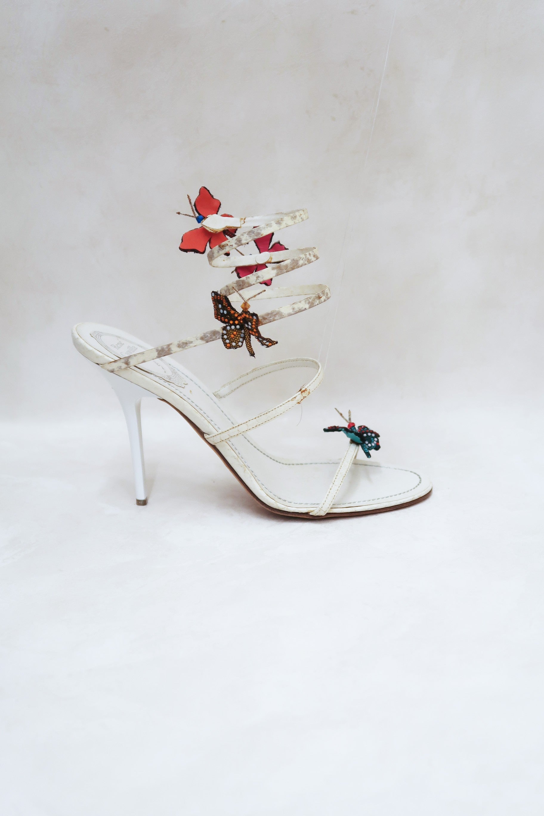 rene caovilla vintage butterfly crystal embellished snakeskin sandals