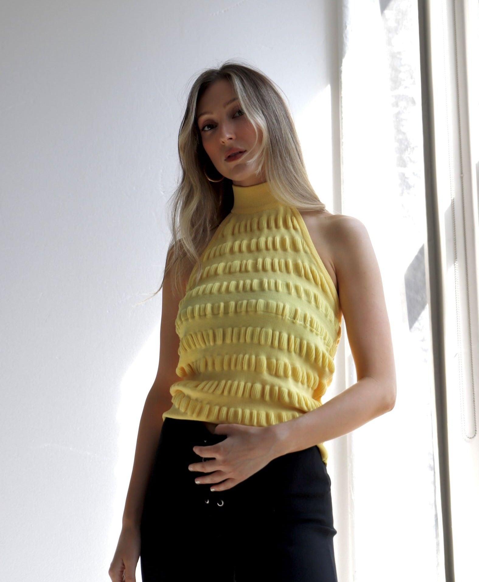 70s Canary Yellow Knit Halter Top (M)